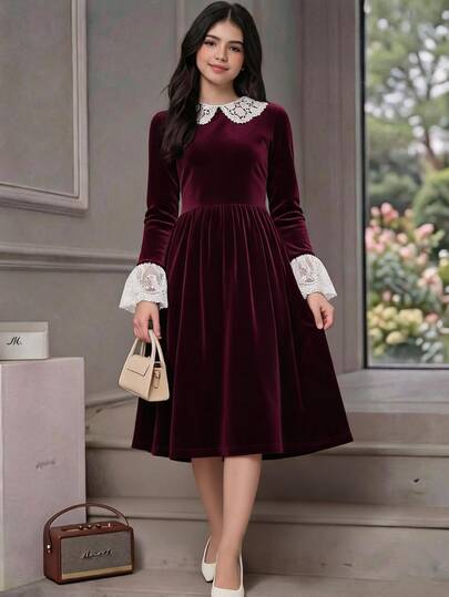 1pc Teen Girls Autumn/Winter Elegant Velvet Lace Collar Dress, Lace Trim Long Sleeve Bell Sleeve Burgundy Christmas Party Formal Gown