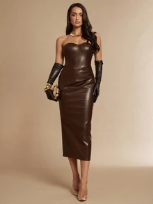 Silquee Gaun Panjang Wanita Tanpa Tali, Model Pas Badan, Bahan Kulit PU Warna Polos - Coklat - View 9