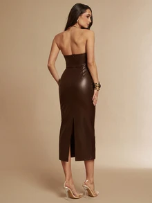 Silquee Gaun Panjang Wanita Tanpa Tali, Model Pas Badan, Bahan Kulit PU Warna Polos - Coklat - View 3