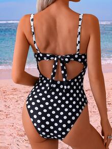 SHEIN Swim 1pc Sexy Retro Tropical Monokini With Underwire Support, Black And White Polka Dot Polka Dot Design Summer Beach Party - Black and White - View 5