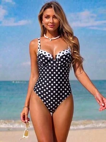 SHEIN Swim 1pc Sexy Retro Tropical Monokini With Underwire Support, Black And White Polka Dot Polka Dot Design Summer Beach Party - Black and White - View 1
