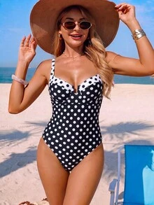 SHEIN Swim 1pc Sexy Retro Tropical Monokini With Underwire Support, Black And White Polka Dot Polka Dot Design Summer Beach Party - Black and White - View 2