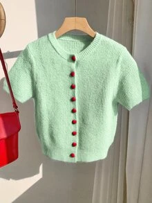 Comfortcana Women's Fashion Quality Flocked Heart Button Round Neck Duck Blue Knit Cardigan, Autumn/Winter New Short Sleeve Soft Cozy Casual Versatile Jacket - Teal Blue - View 4