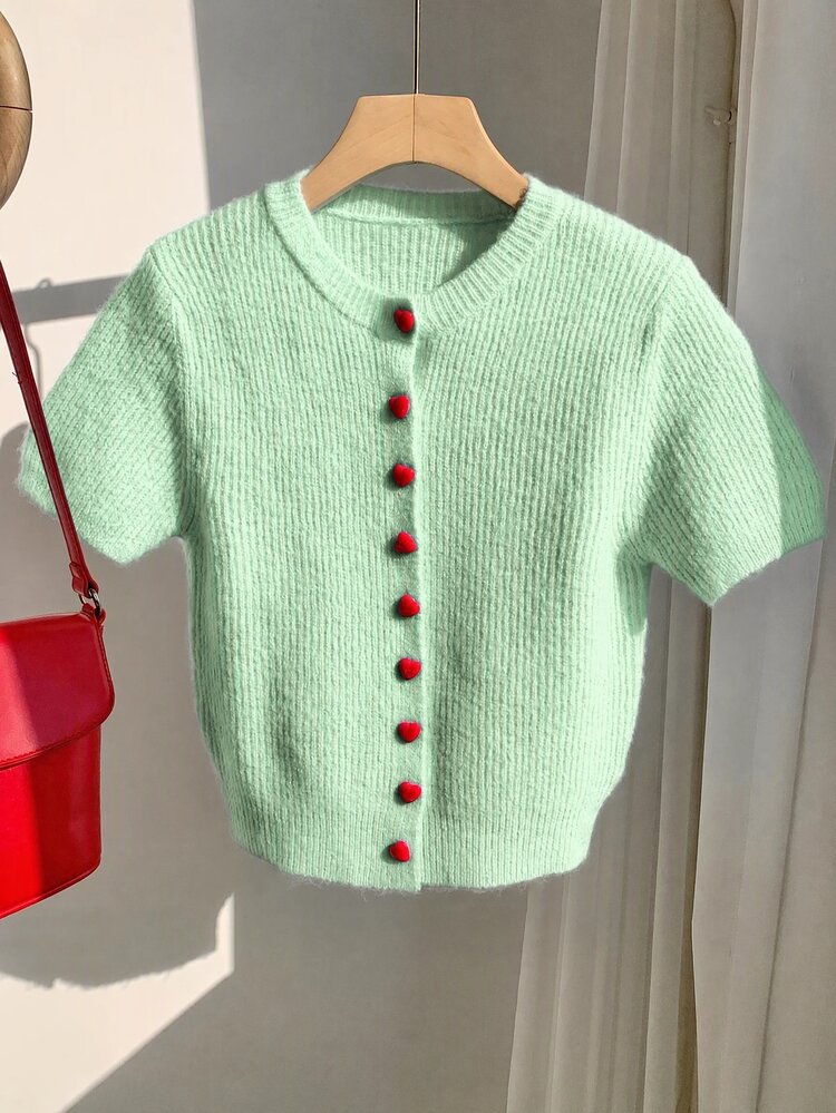 Comfortcana Cardigan de punto azul pato con botones de corazón aterciopelado y cuello redondo, moda de calidad para mujer, chaqueta corta de manga corta, suave, acogedora, casual y versátil para otoño/invierno - Agua verde azul - Añade 4