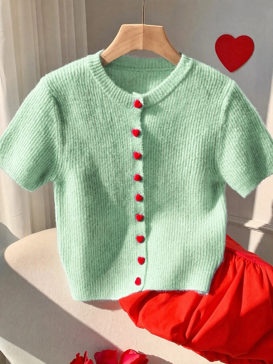 Comfortcana Women's Fashion Quality Flocked Heart Button Round Neck Duck Blue Knit Cardigan, Autumn/Winter New Short Sleeve Soft Cozy Casual Versatile Jacket - Teal Blue - View 1