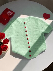 Comfortcana Women's Fashion Quality Flocked Heart Button Round Neck Duck Blue Knit Cardigan, Autumn/Winter New Short Sleeve Soft Cozy Casual Versatile Jacket - Teal Blue - View 3