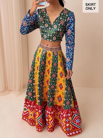 LOTSLUV Women's Mustard Green Red Print A-Line Maxi Skirt,High Waist,Flared,Geometric Border,Western Elegant,Diwali,Festival,Party,Holiday Clothes