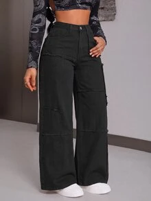 SHEIN ICON Plus Size Fashion Versatile Button Pocket Frayed Hem Loose Fit Denim Jeans Date Night Brunch Black Summer 90s - Black - View 3