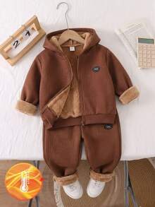 SHEIN Playful Pals 2pcs Young Boy Casual Patchwork Solid Color Long Sleeve Comfortable Thermal Lined Zip-Up Jacket And Pants Set Suitable For Daily Casual Outdoor Activities In Autumn And Winter - Brown - View 6