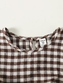 SHEIN Tween女孩秋季棕色格紋長袖娃娃裙休閒可愛優雅復古日常穿搭 - 咖啡棕 - 查看 4