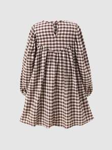 SHEIN Tween女孩秋季棕色格紋長袖娃娃裙休閒可愛優雅復古日常穿搭 - 咖啡棕 - 查看 3
