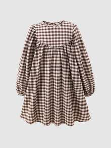 SHEIN Tween女孩秋季棕色格紋長袖娃娃裙休閒可愛優雅復古日常穿搭 - 咖啡棕 - 查看 2
