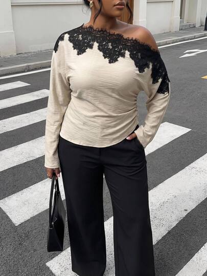 SHEIN CURVE+ Women's Plus Size Tops 22W Black Lace Patchwork Asymmetrical Shoulder Long Sleeve T-Shirt, Elegant Commute Style, Suitable For Plus Size Women Up To 5XL, Autumn/Winter