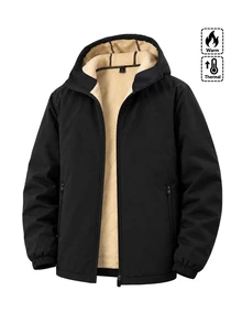 Manfinity Homme Men's Solid Color Thermal Lined Casual Versatile Everyday Hooded Jacket - Black - View 1
