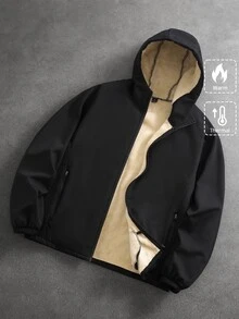 Manfinity Homme Men's Solid Color Thermal Lined Casual Versatile Everyday Hooded Jacket - Black - View 3