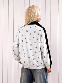 Attitoon 女款輕量夾克，星星圖案，黑色領口對比色，拉鍊開合小立領長袖，學院風返校校園穿搭，社團穿搭，青春休閒風，街頭時尚，高端極簡，酷帥機車工裝風，時尚Y2K - 彩色 - 查看 2