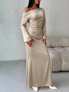 Aloruh 深紫色秋季優雅用餐女款高品質塔夫綢不對稱肩褶皺喇叭袖收腰魚尾情人節禮服 - 香檳色 - 查看 4