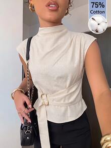 Aloruh 女款素色休閒商務休閒優雅百搭日常穿著襯衫 早午餐 米色 夏季 - 杏色 - 查看 1