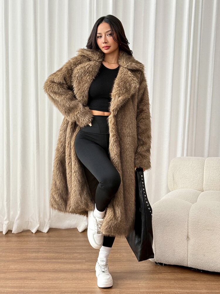 SHEIN PETITE Women's Winter New Brown Faux Fur Mid-Length Coat With Lapel - Multicolor - View 6