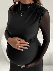 SHEIN Maternity Solid Color Stand Collar Long Sleeve Ruched Slim Fit Elegant Dress - Black - View 6