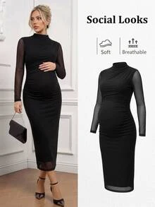 SHEIN Maternity Solid Color Stand Collar Long Sleeve Ruched Slim Fit Elegant Dress - Black - View 1