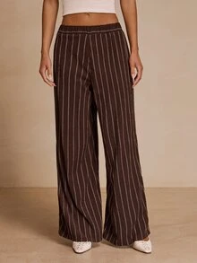 Glamine Women's Elastic Waist Striped Wide Leg Loose Casual Long Pants - Brown - View 6