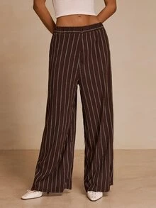 Glamine Women's Elastic Waist Striped Wide Leg Loose Casual Long Pants - Brown - View 1