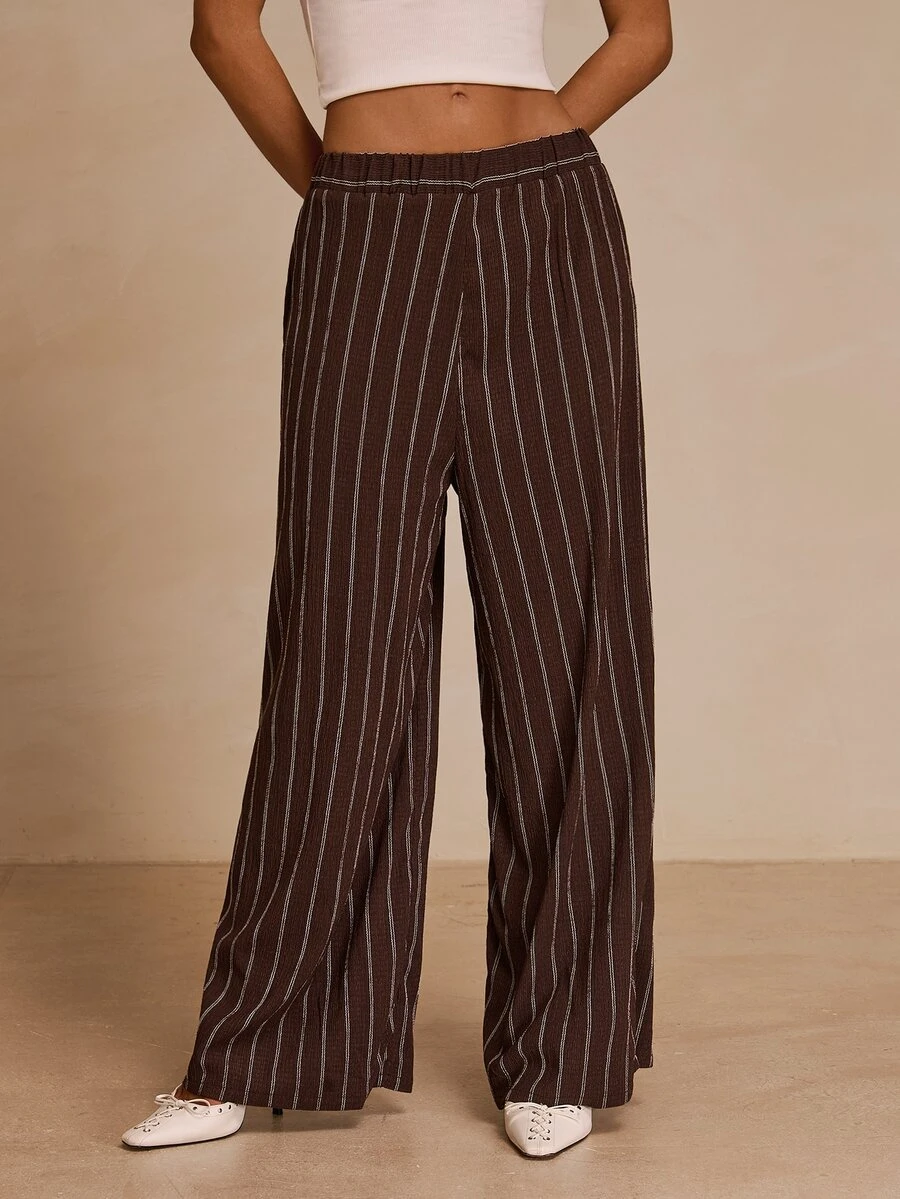 Glamine Women's Elastic Waist Striped Wide Leg Loose Casual Long Pants - Brown - View 1