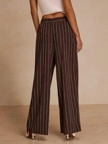 Glamine Women's Elastic Waist Striped Wide Leg Loose Casual Long Pants - Brown - View 2