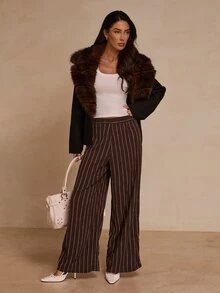 Glamine Women's Elastic Waist Striped Wide Leg Loose Casual Long Pants - Brown - View 3