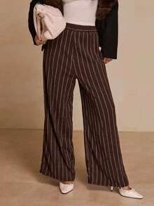 Glamine Women's Elastic Waist Striped Wide Leg Loose Casual Long Pants - Brown - View 5