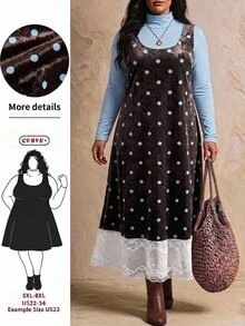 SHEIN CURVE+ Plus Size Women's Solid Color Long Sleeve Top And Lace Patchwork Polka Dot Dress Fashion Set Fall Christmas - Multicolor - View 1