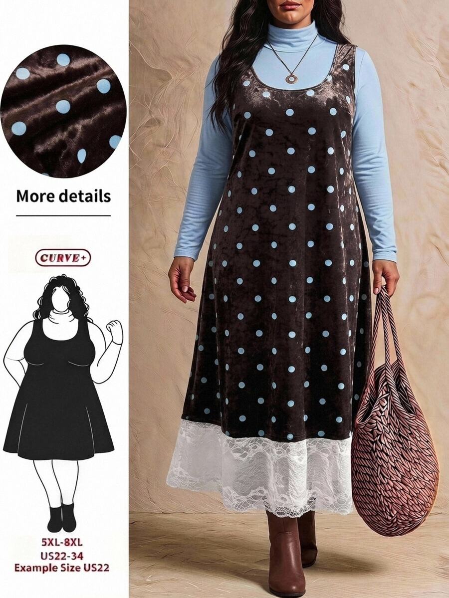 SHEIN CURVE+ Plus Size Women's Solid Color Long Sleeve Top And Lace Patchwork Polka Dot Dress Fashion Set Fall Christmas - Multicolor - View 1