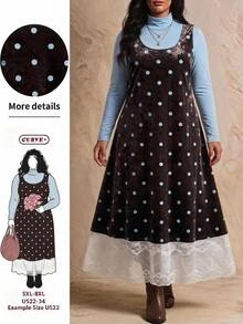 SHEIN CURVE+ Plus Size Women's Solid Color Long Sleeve Top And Lace Patchwork Polka Dot Dress Fashion Set Fall Christmas - Multicolor - View 7