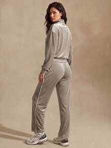 Glamine Vintage Contrast Trim Velvet Zipper Loose Jacket High Waist Draped Wide Leg Long Pants Sportswear Set - Brown - View 2