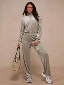 Glamine Vintage Contrast Trim Velvet Zipper Loose Jacket High Waist Draped Wide Leg Long Pants Sportswear Set - Brown - View 1