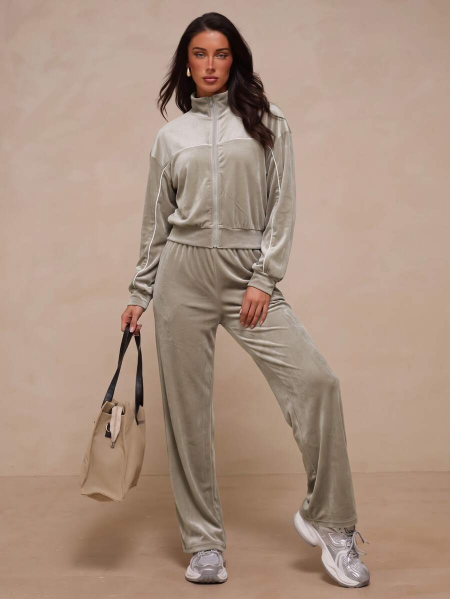 Glamine Vintage Contrast Trim Velvet Zipper Loose Jacket High Waist Draped Wide Leg Long Pants Sportswear Set - Brown - View 1