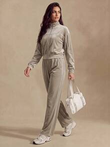 Glamine Vintage Contrast Trim Velvet Zipper Loose Jacket High Waist Draped Wide Leg Long Pants Sportswear Set - Brown - View 4