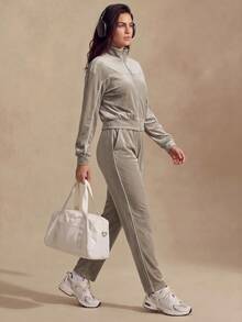 Glamine Vintage Contrast Trim Velvet Zipper Loose Jacket High Waist Draped Wide Leg Long Pants Sportswear Set - Brown - View 3