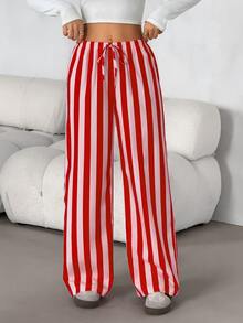 SHEIN PETITE Women's Casual Waist Tie Straight Leg Pants, Red And White Stripe, Street Style, Daily Commute, Fall/Summer, Christmas, Petite Lounge - Multicolor - View 5