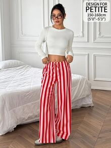 SHEIN PETITE Women's Casual Waist Tie Straight Leg Pants, Red And White Stripe, Street Style, Daily Commute, Fall/Summer, Christmas, Petite Lounge - Multicolor - View 8