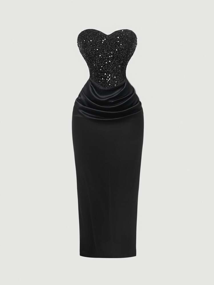 SHEIN Pitira Gaun Pesta Panjang Hitam Elegan & Glamor untuk Remaja Putri, Model Bustier Berpayet, Tanpa Tali Bahu - Hitam - View 4