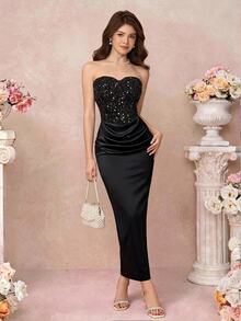 SHEIN Pitira 少女优雅迷人的黑色细肩带长款派对连衣裙 - 黑色 - 查看 3