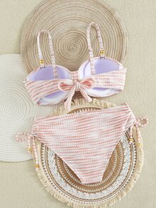 SHEIN Swim Women's New Special Fabric Metallic Bead Accent Swimwear Set - Baby Pink - View 8