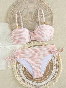 SHEIN Swim Women's New Special Fabric Metallic Bead Accent Swimwear Set - Baby Pink - View 7