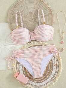 SHEIN Swim Women's New Special Fabric Metallic Bead Accent Swimwear Set - Baby Pink - View 5