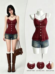 Elamini 純甜美風夏季蕾絲拼接V領修身顯瘦女款細肩帶上衣 - 酒紅色 - 查看 1