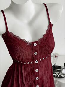Elamini 純甜美風夏季蕾絲拼接V領修身顯瘦女款細肩帶上衣 - 酒紅色 - 查看 5