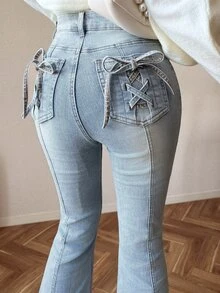 FRIFUL Women's Casual Flare Jeans With Pocket And Eyelet Lace-Up Design - Blue - View 5