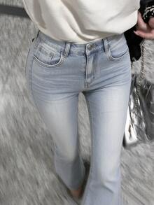 FRIFUL Women's Casual Flare Jeans With Pocket And Eyelet Lace-Up Design - Blue - View 1